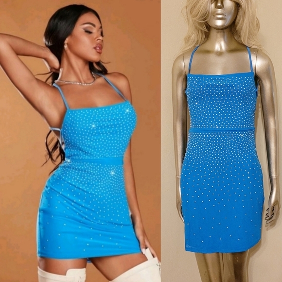NWT Sexy Blue Crisscross Tie Back Embellished Bodycon Mini Dress Sz Large - Picture 1 of 16